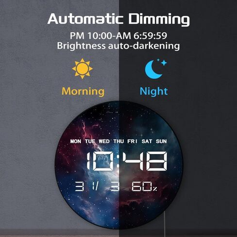 12'' Universe Galaxy LED Digital Wall Clock, Cosmic Space Decor Electric Wall Clock with Calendar & Temperature, Smart Dimming, 12/24hr, Plug in LED for Living Room Bedroom Galaxy Room Decor in Kuwait