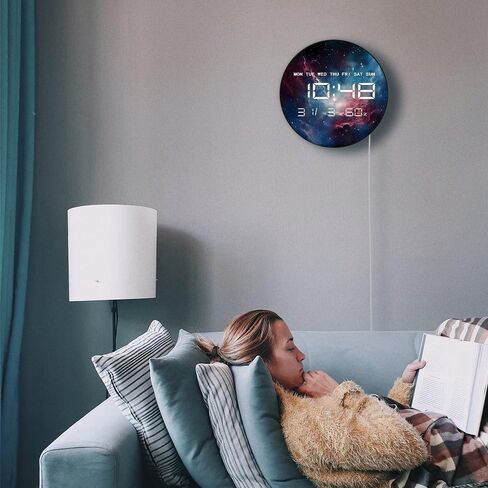 12'' Universe Galaxy LED Digital Wall Clock, Cosmic Space Decor Electric Wall Clock with Calendar & Temperature, Smart Dimming, 12/24hr, Plug in LED for Living Room Bedroom Galaxy Room Decor in Kuwait