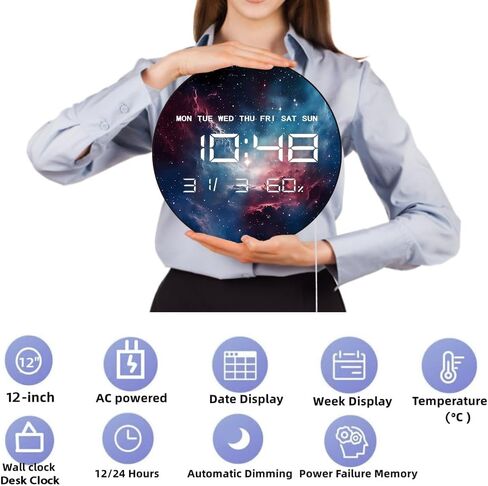 12'' Universe Galaxy LED Digital Wall Clock, Cosmic Space Decor Electric Wall Clock with Calendar & Temperature, Smart Dimming, 12/24hr, Plug in LED for Living Room Bedroom Galaxy Room Decor in Kuwait