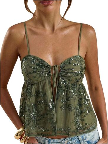 MakeMeChic Women's Sequin Cami Top Ruffle Sparkly Tie Front Split Party Club Tops in Kuwait