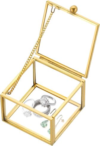 Square Vintage Gold Transparent Jewelry Box, 6 x 6 x 4.5cm Glass Jewelry Box for Display, Decorative, Trinket Box for Rings, Earrings, Keepsakes, Clear Glass Jewelry Display Case in Kuwait