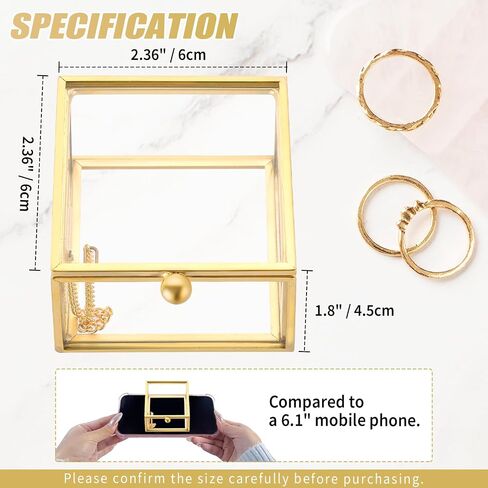 Square Vintage Gold Transparent Jewelry Box, 6 x 6 x 4.5cm Glass Jewelry Box for Display, Decorative, Trinket Box for Rings, Earrings, Keepsakes, Clear Glass Jewelry Display Case in Kuwait