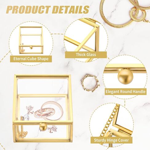 Square Vintage Gold Transparent Jewelry Box, 6 x 6 x 4.5cm Glass Jewelry Box for Display, Decorative, Trinket Box for Rings, Earrings, Keepsakes, Clear Glass Jewelry Display Case in Kuwait