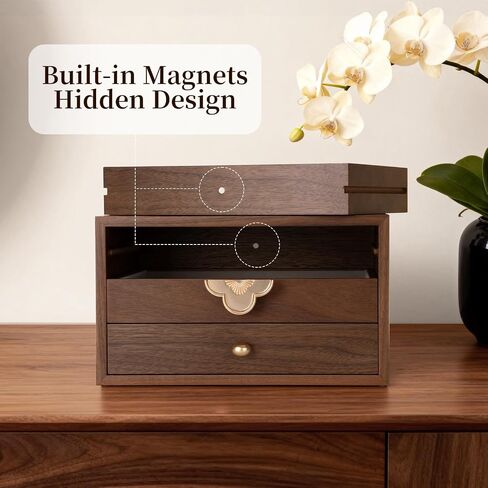 Black Walnut Wooden Jewelry Box For Women,Wood Jewelry Organizer 3 Layer With Glass Lid And Pull-Out Necklace Storage Layer,For Necklace Ring Earring Storage in Saudi Arabia