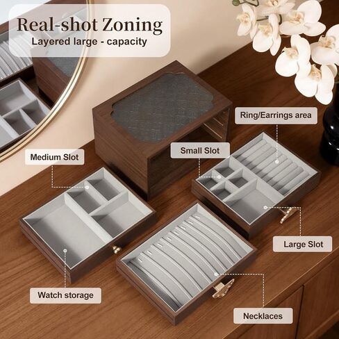 Black Walnut Wooden Jewelry Box For Women,Wood Jewelry Organizer 3 Layer With Glass Lid And Pull-Out Necklace Storage Layer,For Necklace Ring Earring Storage in Saudi Arabia