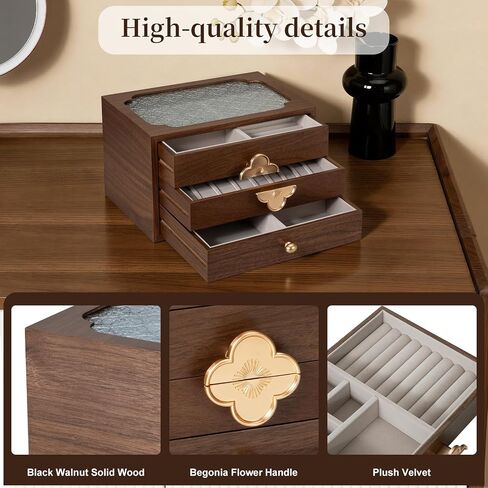 Black Walnut Wooden Jewelry Box For Women,Wood Jewelry Organizer 3 Layer With Glass Lid And Pull-Out Necklace Storage Layer,For Necklace Ring Earring Storage in Saudi Arabia