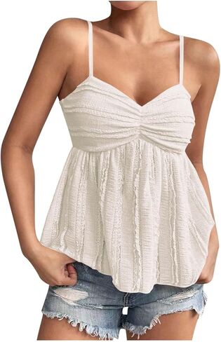 Workout Tank Tops Woman V-Neck Spaghetti Strap Sleeveless Cami Top Pleated Lightweight Tank Tops Dressy Trendy Clothes in Saudi Arabia
