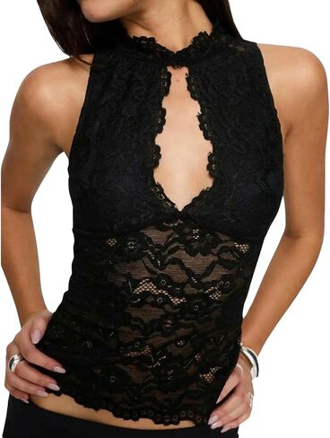 Women's Lace Halter Top Sleeveless Keyhole Floral Sheer Blouse Going Out Tops Sexy Party Shirt in Saudi Arabia