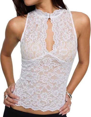 Women's Lace Halter Top Sleeveless Keyhole Floral Sheer Blouse Going Out Tops Sexy Party Shirt in Saudi Arabia