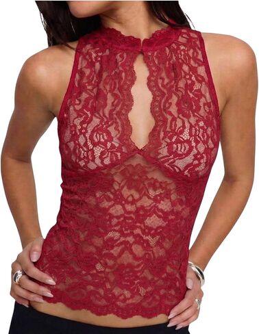 Women's Lace Halter Top Sleeveless Keyhole Floral Sheer Blouse Going Out Tops Sexy Party Shirt in Saudi Arabia