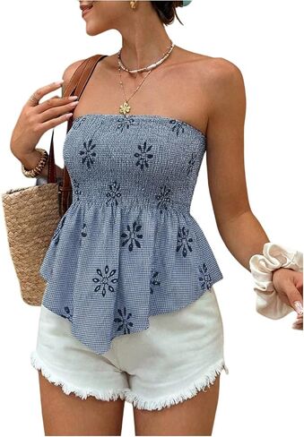 GORGLITTER Women's Gingham Babydoll Tube Tank Peplum Tops Summer Casual Strapless Bandeau Backless Flowy Going Out Tops in Kuwait