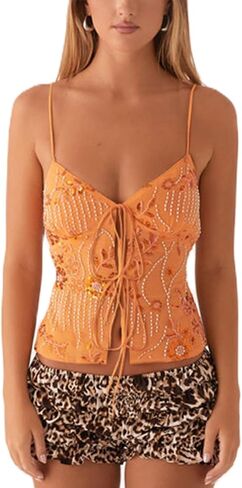 Ythomm Women Sequin Cami Tank Tops Sparkle Rhinestone Sleeveless Camisole Tie Up Front Backless Y2k Crop Tops Summer Clubwear in Saudi Arabia
