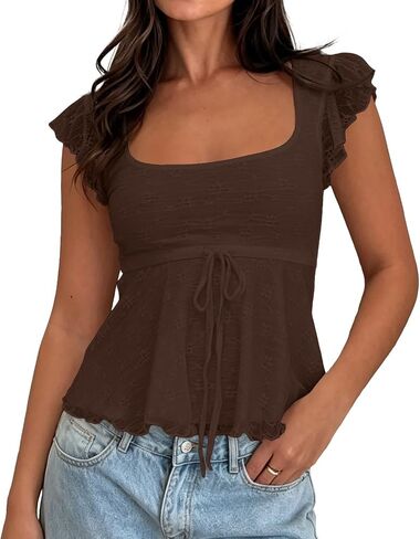 Women Boho Floral Mesh Layered Ruffle Peplum Crop Tank Tops Y2k Tie Front Cap Sleeve Lettuce Babydoll Cami Shirts in Kuwait