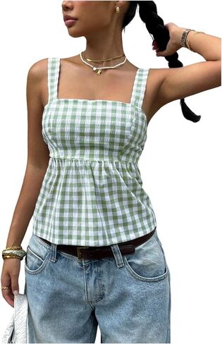 Milumia Women's Y2k Plaid Square Neck Tank Top Bow Tie Open Back Peplum Going Out Crop Tops in Kuwait