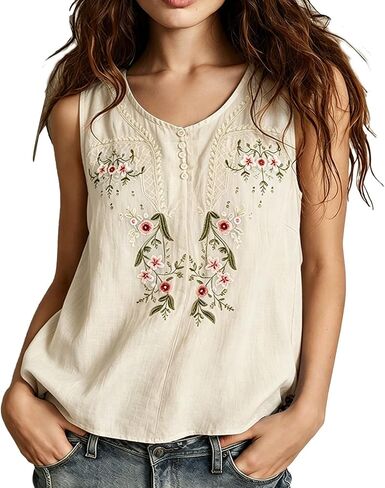 GOKKILRW Womens Boho Linen Tank Tops Summer Comfy Sleeveless Embroidered Gauze Peasant Shirts Loose Lightweight Casual Cami in Saudi Arabia