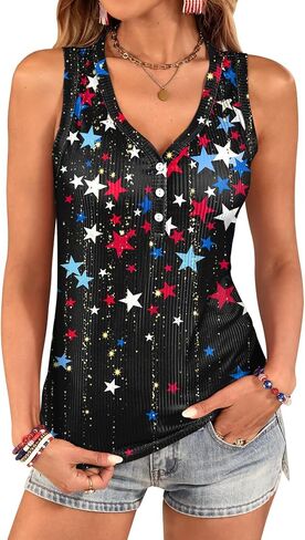 For G and PL Women's 4th of July Tank Top Knit Ribbed Patriotic American Flag Button V Neck Sleeveless Shirt in Kuwait