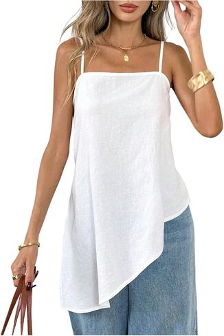 SweatyRocks Women's Square Neck Spaghetti Strap Camisole Dressy Casual Split Asymmetrical Tunic Tops in Kuwait