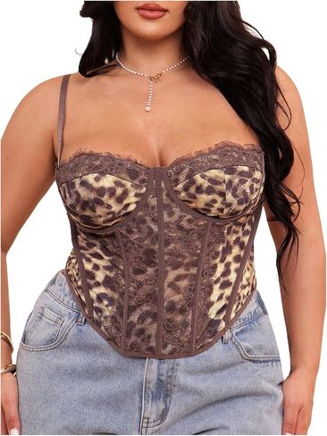 WDIRARA Women's Plus Size Lace Leopard Corset Tops Spaghetti Strap Camisole Top Rave Party Clubwear in Kuwait