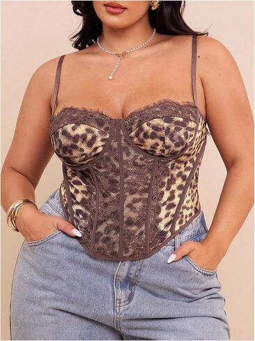 WDIRARA Women's Plus Size Lace Leopard Corset Tops Spaghetti Strap Camisole Top Rave Party Clubwear in Kuwait