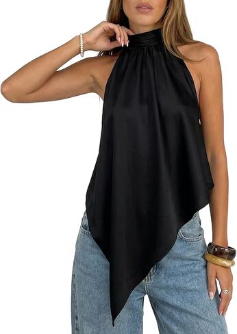 Women's Satin Halter Top Backless Sleeveless Cami High Neck Silk Tank Top Asymmetrical Hem Night Out Outfits Tee in Saudi Arabia