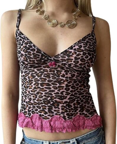Aesthetic Leopard Print Tank Top for Women- Y2k Lace Patchwork Sexy Tank Tops, Sleeveless Slim Fit Shirt in Saudi Arabia
