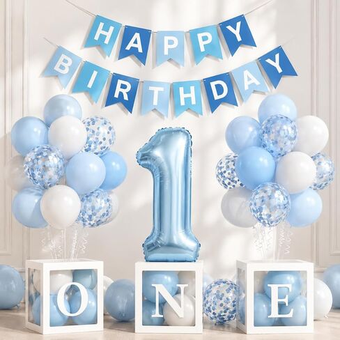 First Birthday Decorations For Boy-40 Inch Blue 1 Number, Baby Blue White Balloons, Happy Birthday Balloons And One Balloon Boxes For Kids One Year Old Birthday Decorations in Kuwait