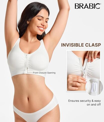 BRABIC Front Closure Bras for Women Compression Surgical Bra No Underwire Full Coverage Wireless Bralette, White, XL in Saudi Arabia