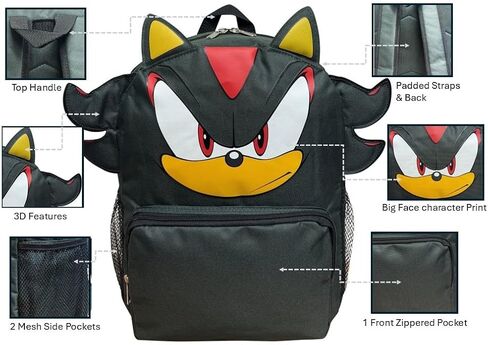 حقيبة ظهر Ruz Sonic Shadow the Hedgehog مقاس 14 بوصة مع ميزات ثلاثية الأبعاد - حقيبة مدرسية للأطفال in Kuwait