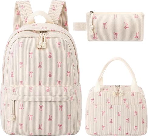 Dansydaisy Blue Bow Floral Backpack Set Cute Corduroy Backpack with Lunch Box and Pouch for Women Laptop Bookbag Casual Daypack in Kuwait