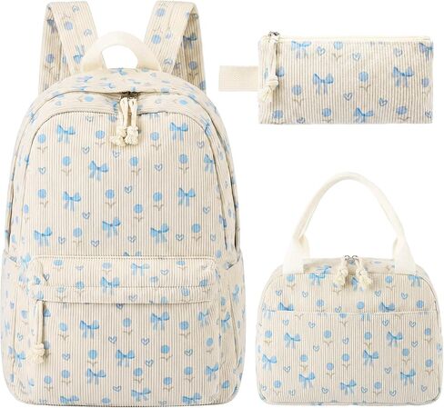 Dansydaisy Blue Bow Floral Backpack Set Cute Corduroy Backpack with Lunch Box and Pouch for Women Laptop Bookbag Casual Daypack in Kuwait