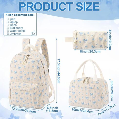 Dansydaisy Blue Bow Floral Backpack Set Cute Corduroy Backpack with Lunch Box and Pouch for Women Laptop Bookbag Casual Daypack in Kuwait