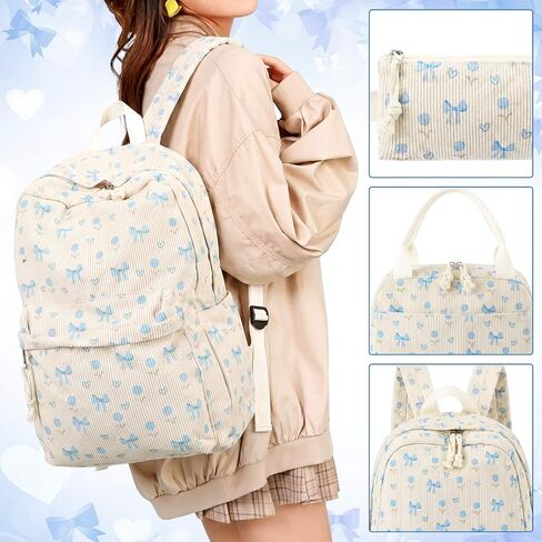 Dansydaisy Blue Bow Floral Backpack Set Cute Corduroy Backpack with Lunch Box and Pouch for Women Laptop Bookbag Casual Daypack in Kuwait