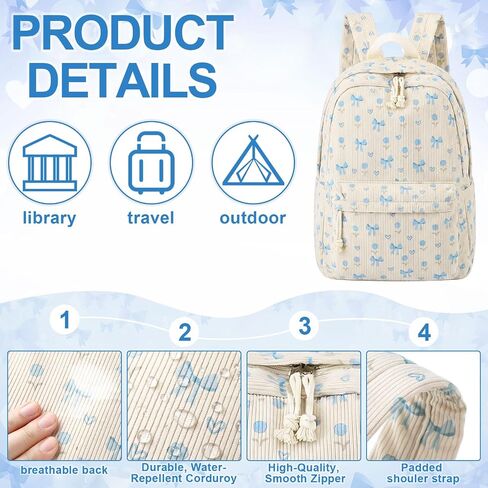 Dansydaisy Blue Bow Floral Backpack Set Cute Corduroy Backpack with Lunch Box and Pouch for Women Laptop Bookbag Casual Daypack in Kuwait