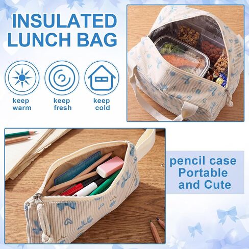 Dansydaisy Blue Bow Floral Backpack Set Cute Corduroy Backpack with Lunch Box and Pouch for Women Laptop Bookbag Casual Daypack in Kuwait