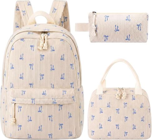 Dansydaisy Blue Bow Floral Backpack Set Cute Corduroy Backpack with Lunch Box and Pouch for Women Laptop Bookbag Casual Daypack in Kuwait