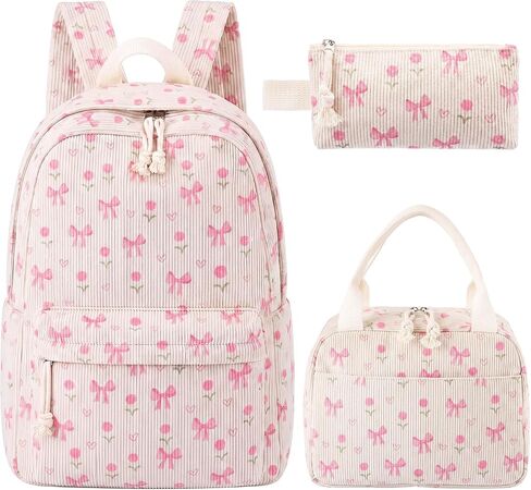 Dansydaisy Blue Bow Floral Backpack Set Cute Corduroy Backpack with Lunch Box and Pouch for Women Laptop Bookbag Casual Daypack in Kuwait