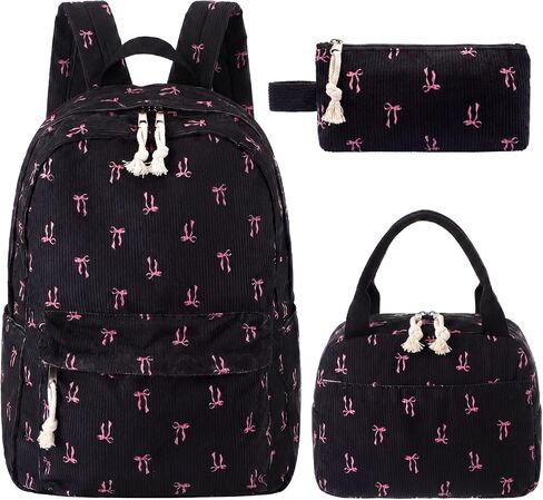 Dansydaisy Blue Bow Floral Backpack Set Cute Corduroy Backpack with Lunch Box and Pouch for Women Laptop Bookbag Casual Daypack in Kuwait