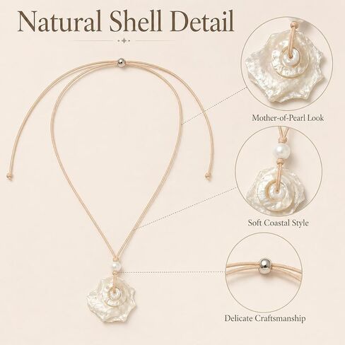 Shell Necklace for Women, Adjustable Beach Jewelry Pendant with Mother of Pearl Look, Pearl Bead Cord Choker for Summer Vacation Coastal Ocean Outfits in Kuwait
