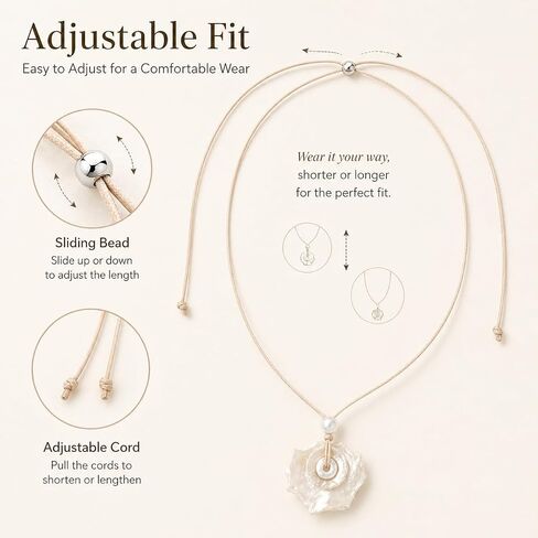 Shell Necklace for Women, Adjustable Beach Jewelry Pendant with Mother of Pearl Look, Pearl Bead Cord Choker for Summer Vacation Coastal Ocean Outfits in Kuwait