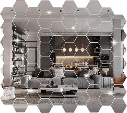 Maitys 96 Pcs Hexagon Mirror Wall Stickers Decal Removable Acrylic Mirror Sticky Decor for Bedroom Living Room Home Decor DIY, Silver (3.94 x 3.43 x 1.97 Inch) in Kuwait