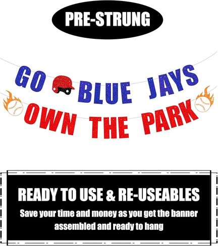 Pre Strung Go Blue Jays Own The Park Banner -Toronto Jays party decor, Baseball team party，Celebration Baseball Game Day Party Decorations banner Blue and Red Glitter in Saudi Arabia