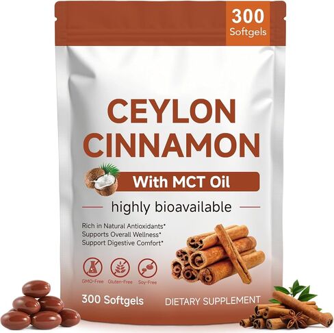 Ceylon Cinnamon Softgels with MCT Oil – 300 Softgels | Easy Absorption, Supports Digestive Comfort & Overall Wellness, Non-GMO, Gluten Free, Soy Free in Kuwait