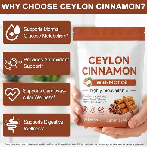 Ceylon Cinnamon Softgels with MCT Oil – 300 Softgels | Easy Absorption, Supports Digestive Comfort & Overall Wellness, Non-GMO, Gluten Free, Soy Free in Kuwait