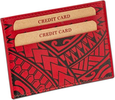 Polynesian Tattoo Leather Credit Card Holder Super Slim Wallet "Hiku" with Tribal Tattoo art by Eugene Ta’ase (Red) from in Saudi Arabia