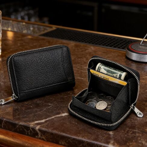 A piece of,Women's Zip Around Leather Wallet, Small RFID Blocking Card Holder with Coin Pocket, Ladies Compact Wallet Organizer (Black) in Kuwait