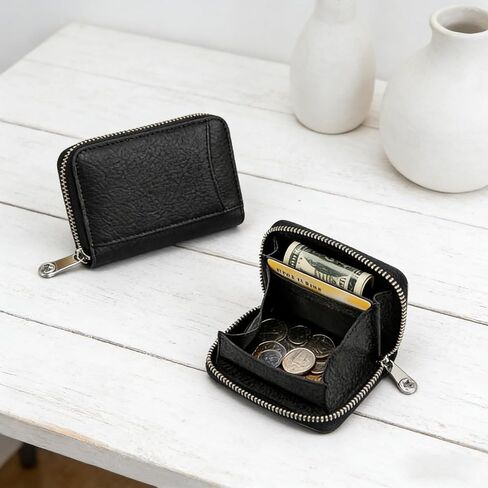 A piece of,Women's Zip Around Leather Wallet, Small RFID Blocking Card Holder with Coin Pocket, Ladies Compact Wallet Organizer (Black) in Kuwait