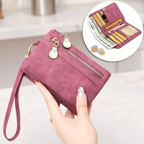 Women's Vintage Mini Wallet with Wrist Strap, Zipper Coin Pocket & Card Slots in Kuwait