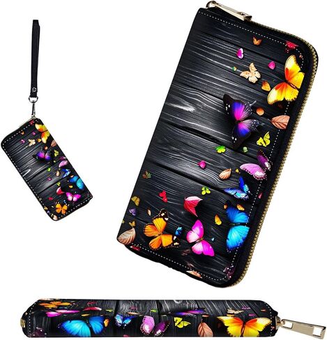 RFID-Blocking Zip Around Wallets for Women with Detachable Wrist Strap,Large Capacity Phone Holder with Card Organizer & Coin Pocket,Colorful Butterflies on Wooden in Saudi Arabia
