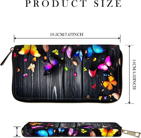 RFID-Blocking Zip Around Wallets for Women with Detachable Wrist Strap,Large Capacity Phone Holder with Card Organizer & Coin Pocket,Colorful Butterflies on Wooden in Saudi Arabia