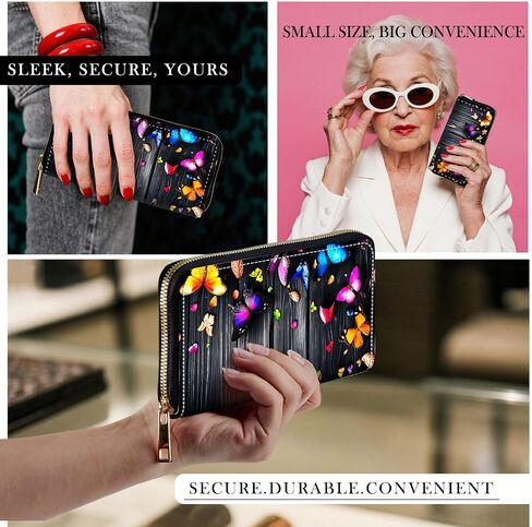 RFID-Blocking Zip Around Wallets for Women with Detachable Wrist Strap,Large Capacity Phone Holder with Card Organizer & Coin Pocket,Colorful Butterflies on Wooden in Saudi Arabia